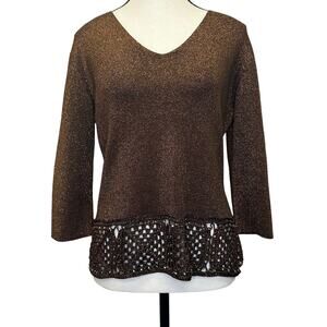 Joseph A. Metallic Brown Knit Top with Beaded Hem - Size L- Vintage-Inspired